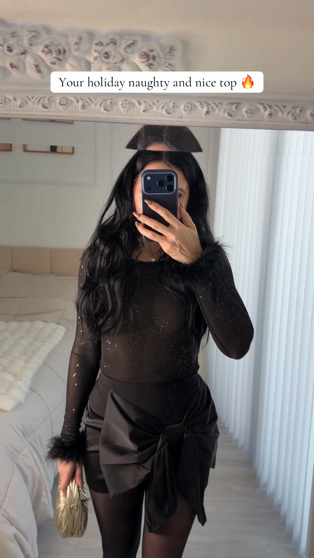 Black sparkly feather wrist holiday top and satin bow skirt 

#LTKootd #LTKFindsUnder100 #LTKHoliday