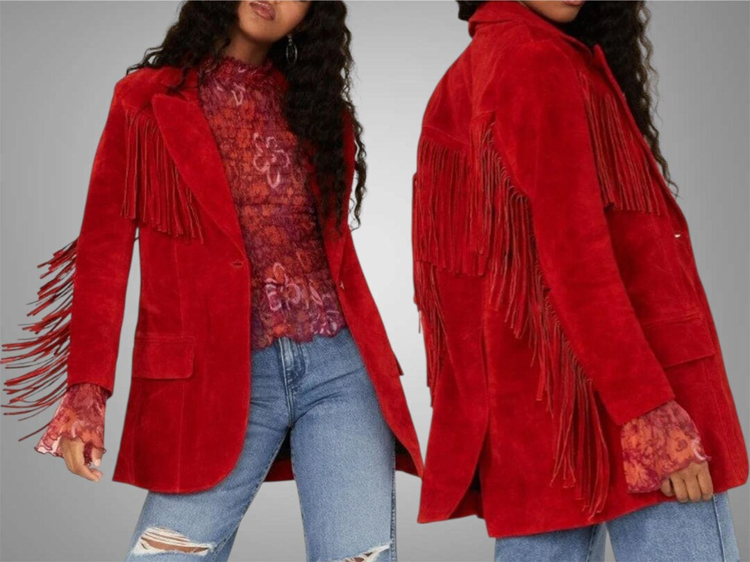 Women Vintage Fringed Cowgirl Red Suede Leather Jacket - Western Traditional Suede Leather Fringe... | Etsy (US)