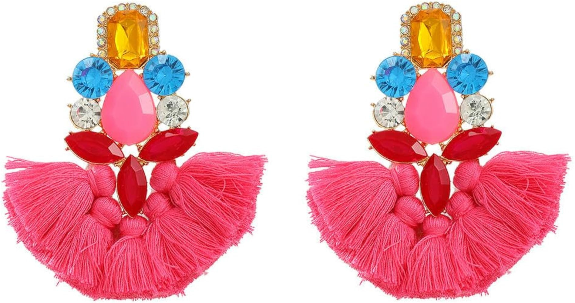 Multi colored earrings with tassel earrings women's European and American Bohemian ethnic style a... | Amazon (US)