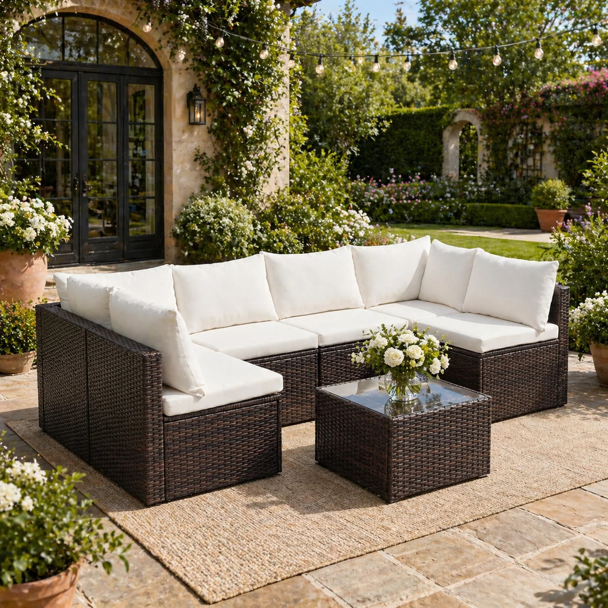 YIORTWO 7-Piece Outdoor Patio Furniture Set, Modular Wicker Sectional Sofa with 2.8" Thick Cushio... | Walmart (US)