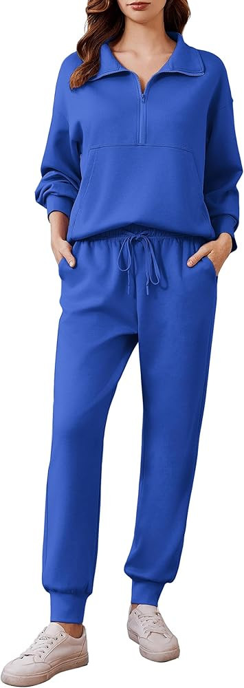 PINSPARK 2 Piece Sets for Women 2025 Fall Travel Outfits Long Sleeve Tracksuit Joggers Sets Half ... | Amazon (US)