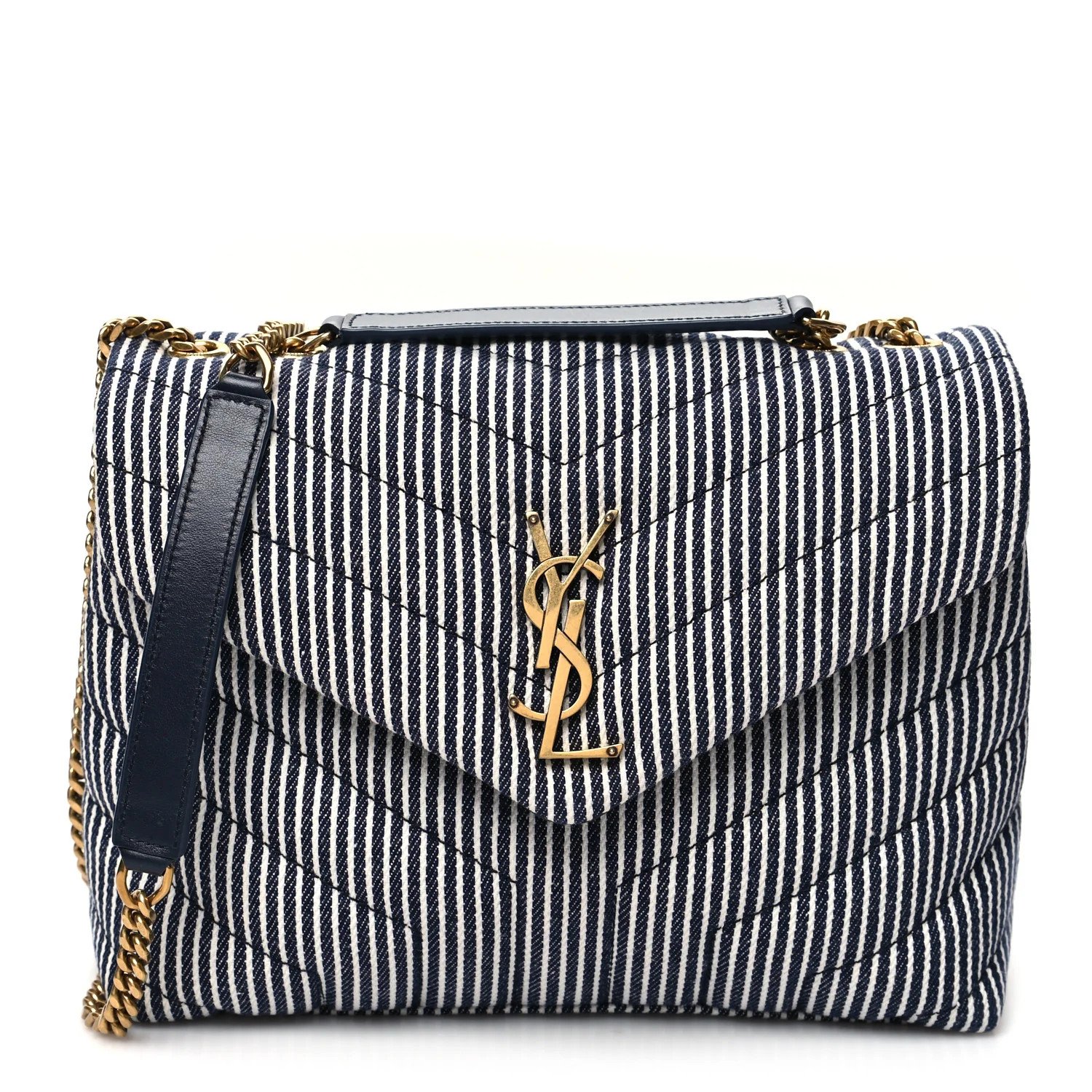 Striped Denim Y Quilted Monogram Small Loulou Chain Satchel Marine Vintage White | FASHIONPHILE (US)