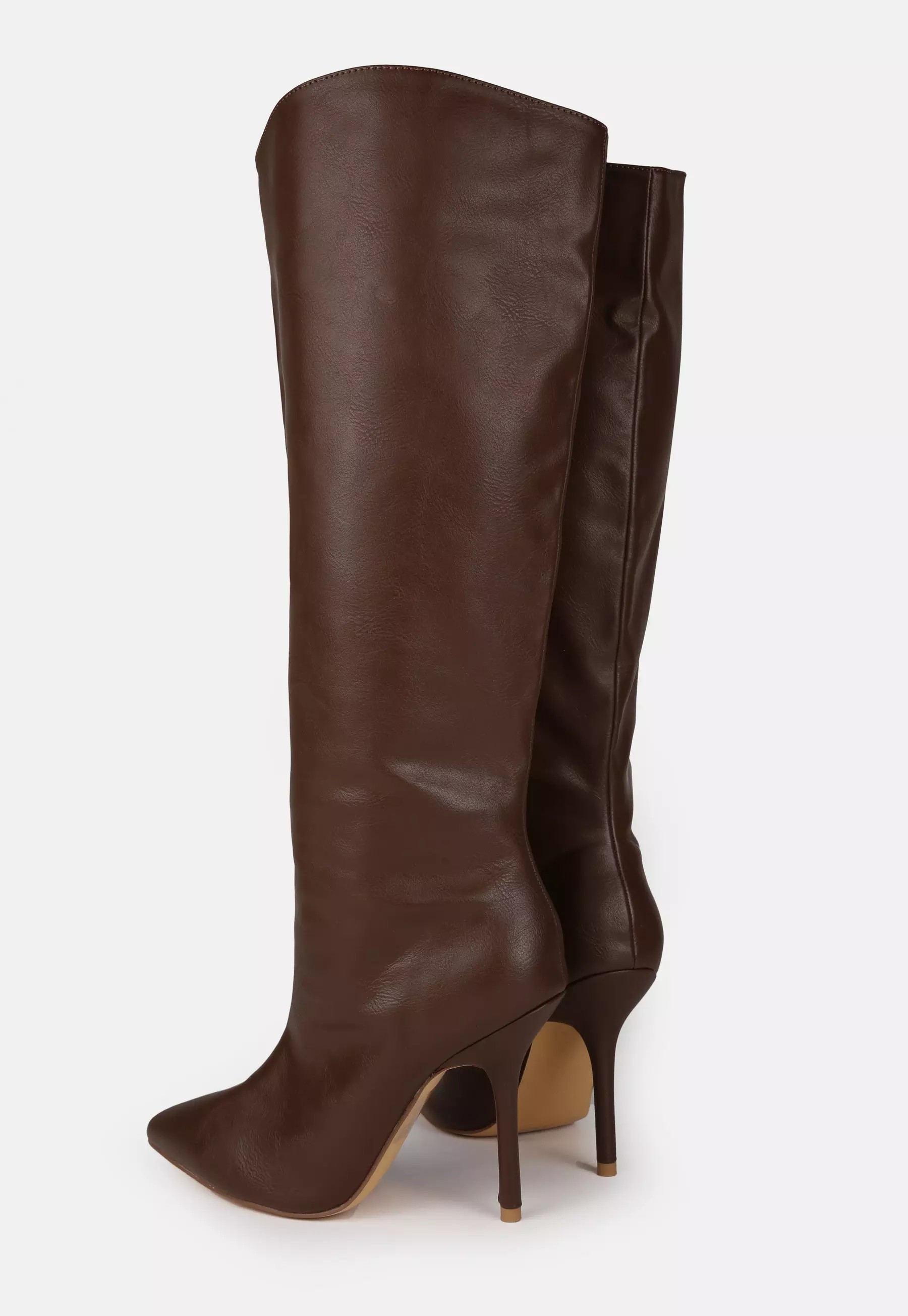 Missguided - Chocolate Faux Leather Pointed Toe Tubular Heeled Boots | Missguided (US & CA)