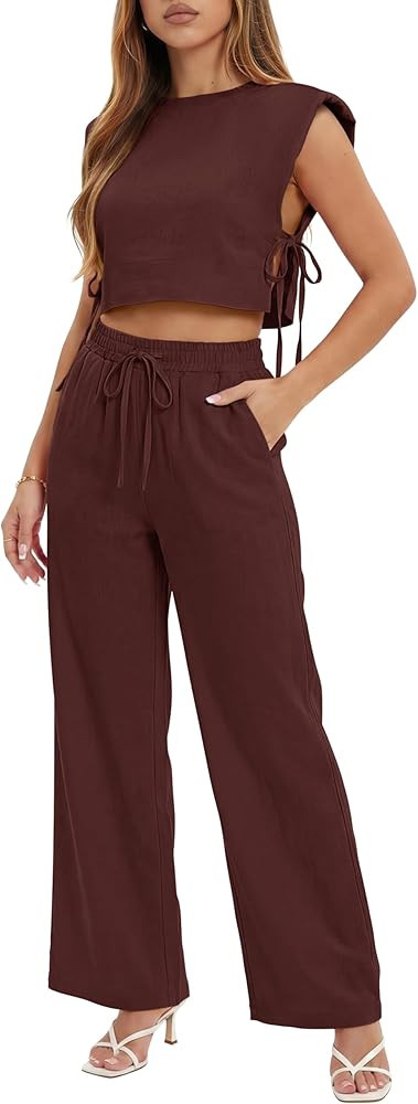 2 Piece Cotton Linen Sets for Women Summer Side Tie Padded Shoulder Top and Pant Matching Lounge ... | Amazon (US)