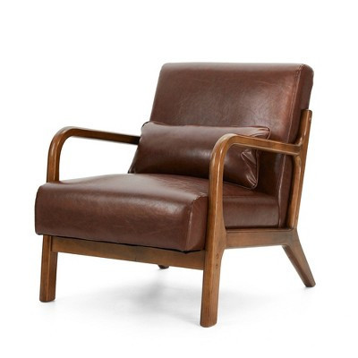 Mid-Century Modern Leatherette Arm Accent Chair Walnut Rubberwood Frame Coffee - Glitzhome: Low-Profile, PU Upholstery | Target