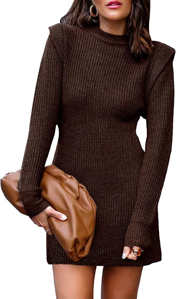 BTFBM Women Sweater Bodycon Short Dress Long Sleeve Crew Neck Slim Fit Solid Dressy Fall Winter M... | Amazon (US)