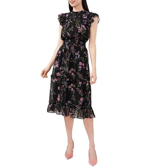 Floral Print Short Flutter Sleeve Button Back A-Line Midi Dress | Dillard's