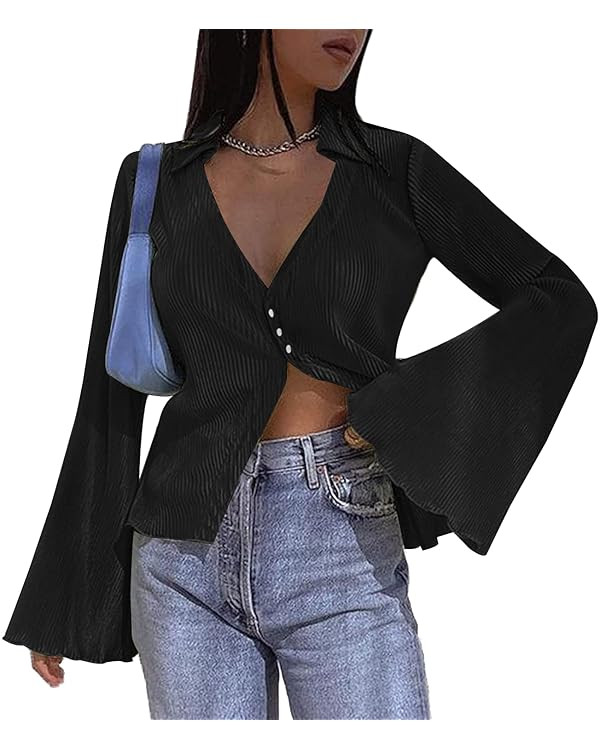 Zeagoo Women's Deep V Neck Shirt Button Front Blouse Bell Long Sleeve Tops | Amazon (US)