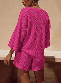 PRETTYGARDEN Women's Summer 2 Piece Swimsuit Coverup Hollow Out Knit Half Sleeve Tops Shorts Sets... | Amazon (US)