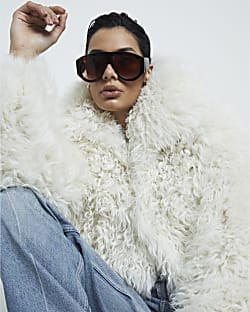 Cream Premium Real Shearling Coat | River Island UK & IE