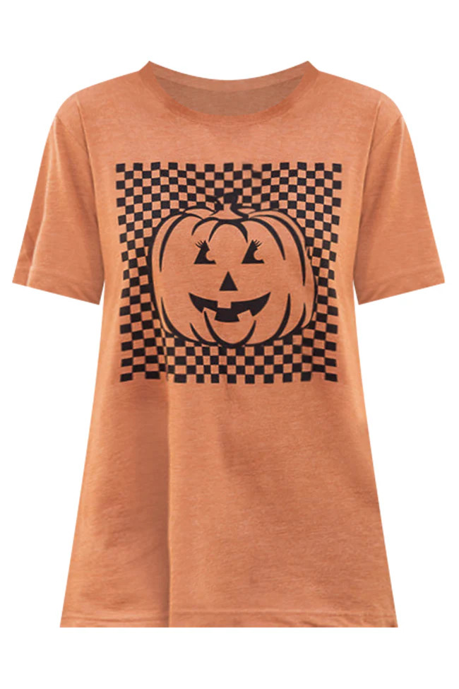 Checkered Pumpkin Burnt Orange Graphic Tee | Pink Lily