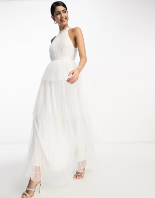 Vila - Robe de mariée mi-longue en tulle avec encolure américaine et jupe à volants - Blanc | ASOS (Global)