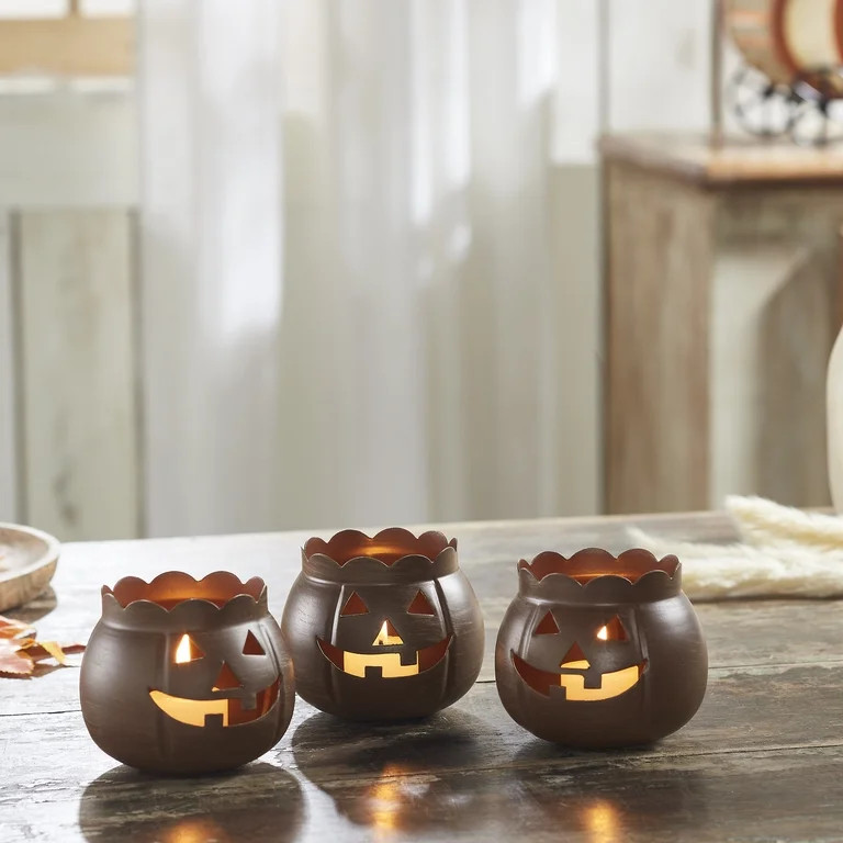VHC Brands Jack-O-Lantern Candle Holder Bronze Set of 3, Fall and Halloween Kitchen Dining Table ... | Walmart (US)