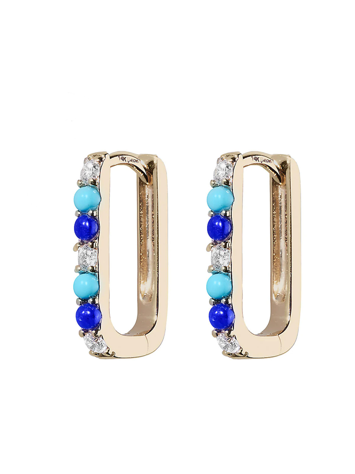 Diamond, Lapis, & Turquoise Small Paperclip Yellow Gold Hoop Earrings | YLANG 23