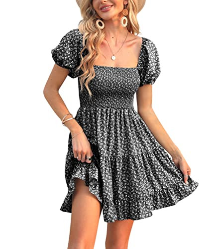 Veatzaer Women's Puff Sleeve Square Neck Smocked Babydoll Dress Boho Floral Print Off Shoulder Ru... | Amazon (US)