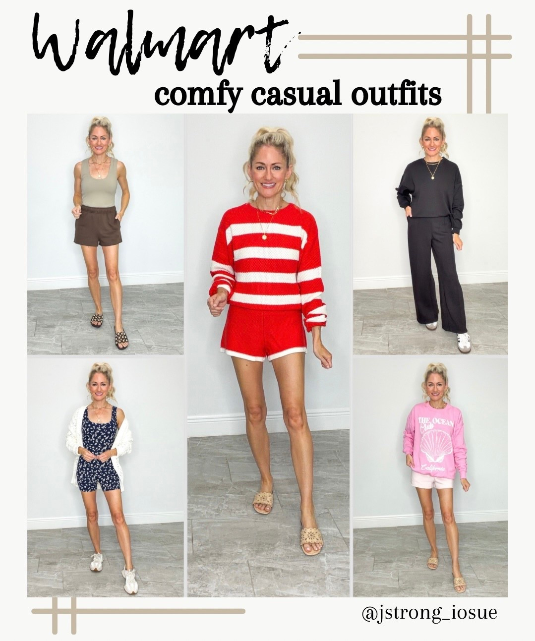 Comfy casual outfits from Walmart! Taupe tank is double lined and seamless. Brown shorts are fleece lined, have an adjustable drawstring and pockets. Red set runs big, consider sizing down. Black set is a luxe look for less! Blue floral romper is mesh lined and ribbed. Love an oversized crewneck for chilly mornings and nights! 