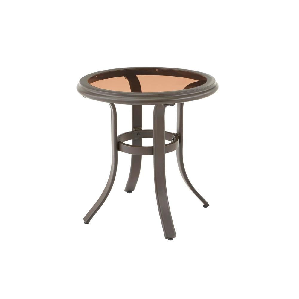 Hampton Bay Riverbrook Espresso Brown Round Glass Top Aluminum Outdoor Patio Side Table | The Home Depot