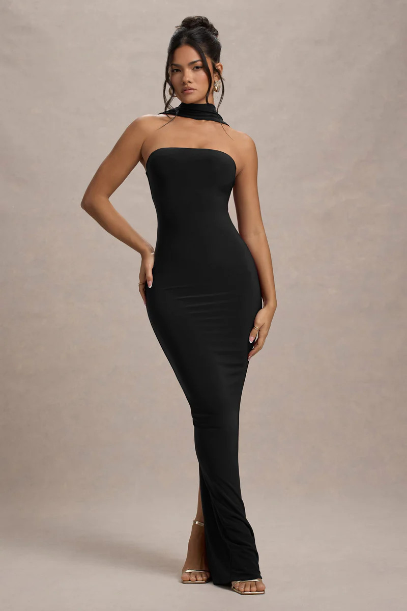 Nobu | Black Bandeau Maxi Dress With Halter-Collar | Club L London IE