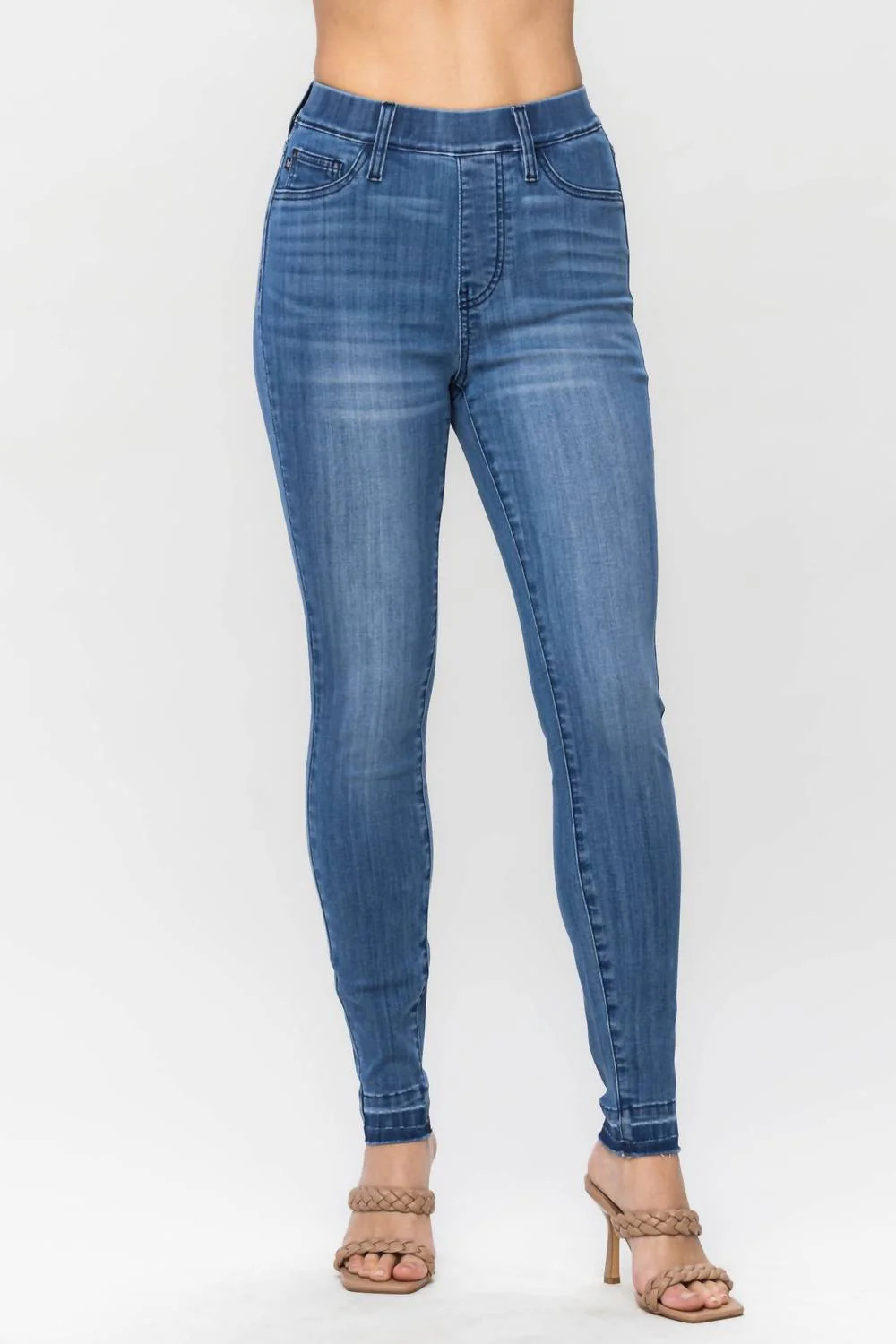 High Waist Release Hem Pull On Skinny In Blue | Shop Simon