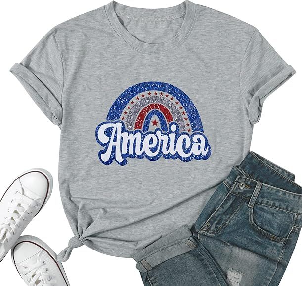 American Flag Shirt for Women Fourth of July Shirts Patriotic Tshirts Star Striped Tees Summer Loose | Amazon (US)