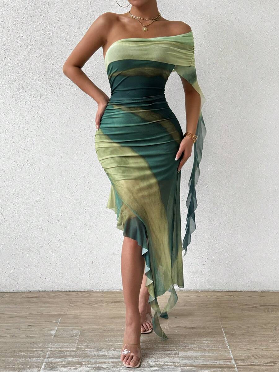 LocalRafferiza Ombre Print One Shoulder Ruched Ruffle Trim Dress Maxi Women Outfit | SHEIN