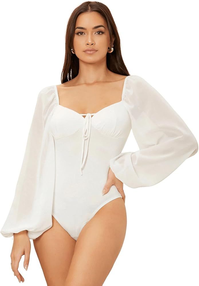 Romwe Women's Mesh Lantern Long Sleeve Tie Front Milkmaid Bodysuit Tops | Amazon (US)