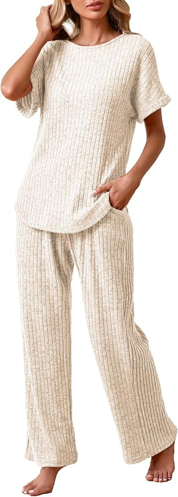 Famulily Womens 2 Piece Ribbed Knit Set Short Sleeve Top and Wide Leg Pants with Pockets Matching... | Amazon (US)