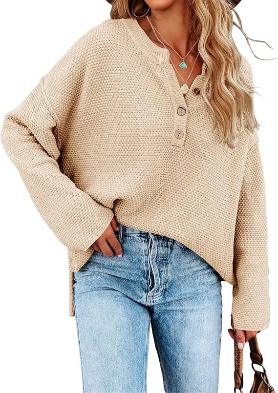 Saodimallsu Women's Oversized Sweaters Batwing Long Sleeve Loose V Neck Button Henley Tops Pullov... | Amazon (US)