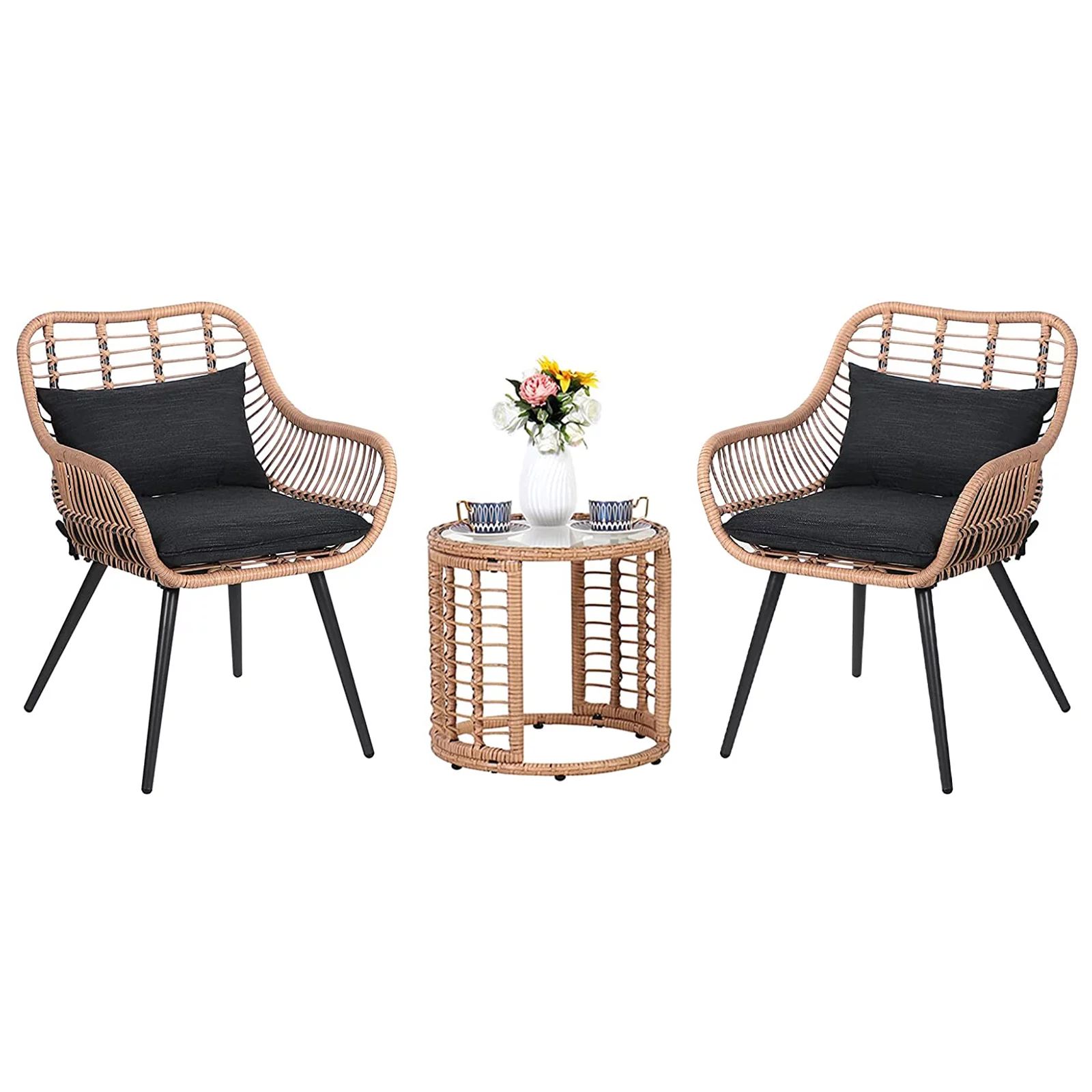 JOIVI 3-Piece Patio Set, Outdoor Wicker Bistro Sets, Backyard with Round Glass Top Coffee Table -... | Walmart (US)