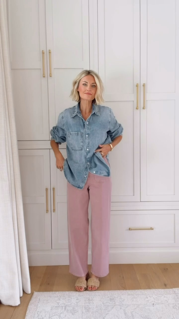 These sailor jeans are so good! Love that they come in this mauve color for a transitional color for fall 👏🏻 this button down is sold out for shipping but available in select stores! wearing M button down and 4 jeans 

Loverly grey, denim chambray button down top, mauve jeans outfit, how to style denim button down collared, Colette jeans dupe Anthropologie

#LTKSeasonal #LTKootd #LTKWorkwear