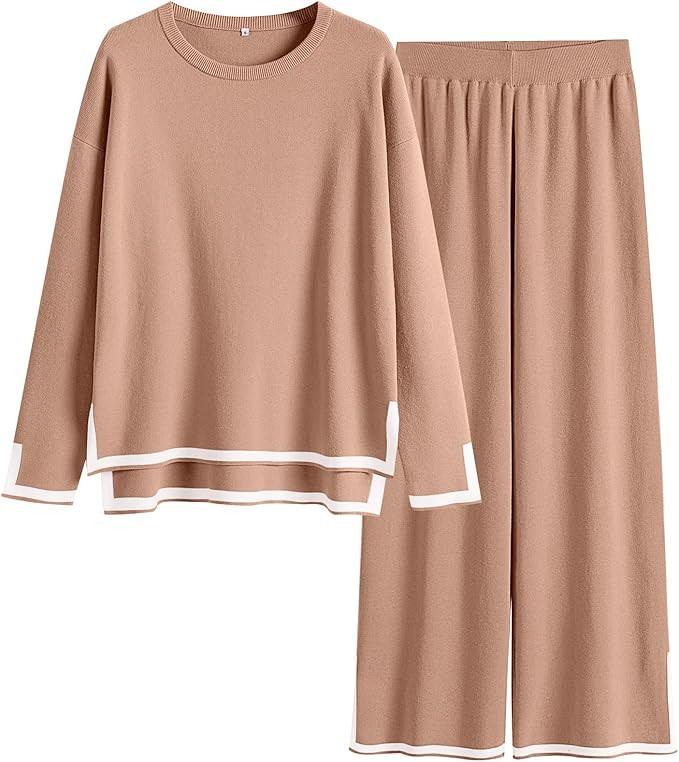ANRABESS Women's 2 Piece Outfits Long Sleeve Knit Sweater Top Wide Leg Pants Casual Lounge Sets T... | Amazon (US)