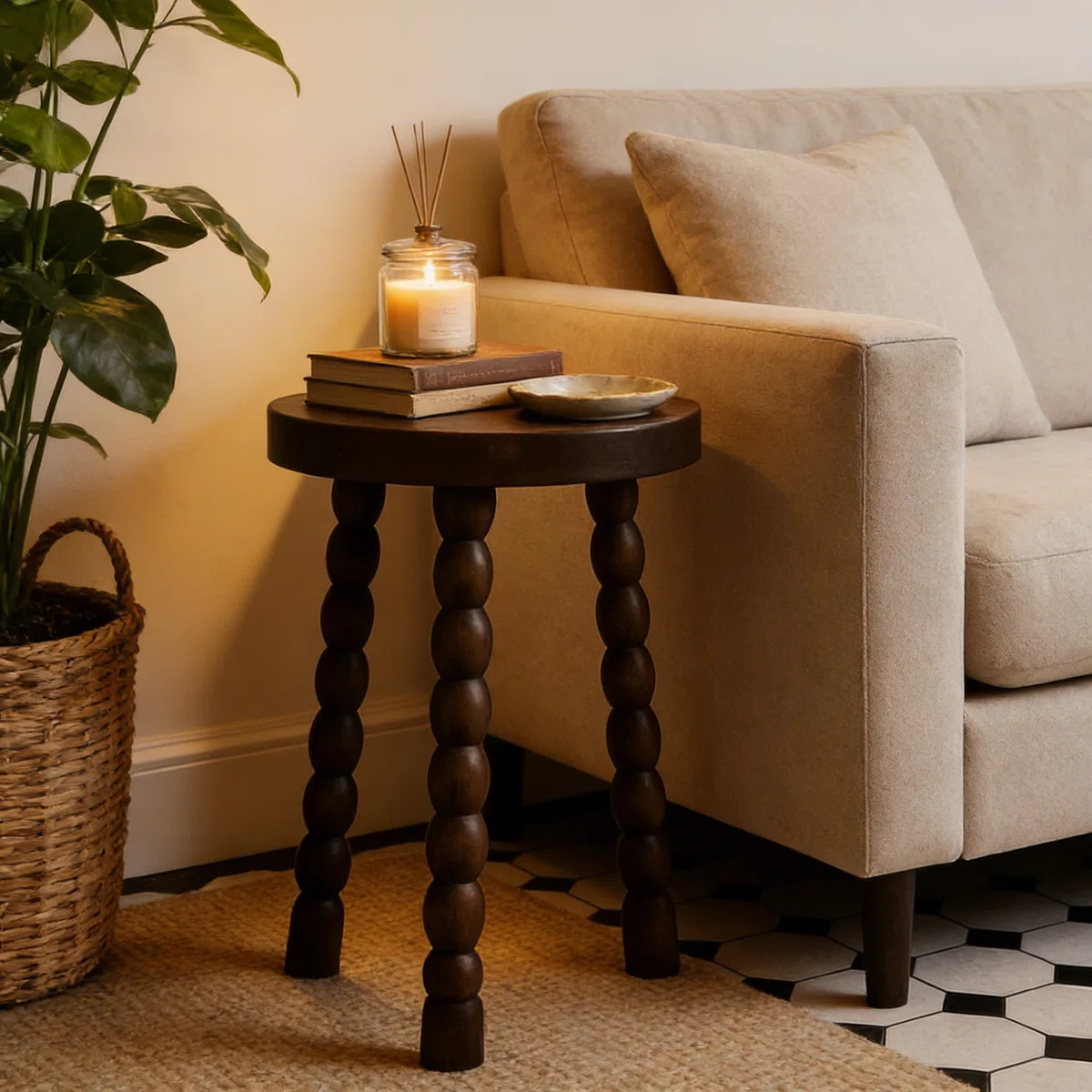 Solid Wood Half Round Side Table With Bobbin Legs - Handcrafted Accent Stool For Living Room, Bed... | Wayfair North America