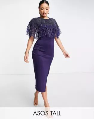 ASOS DESIGN Tall embellished scuba pearl feather midi dress in midnight blue | ASOS (Global)