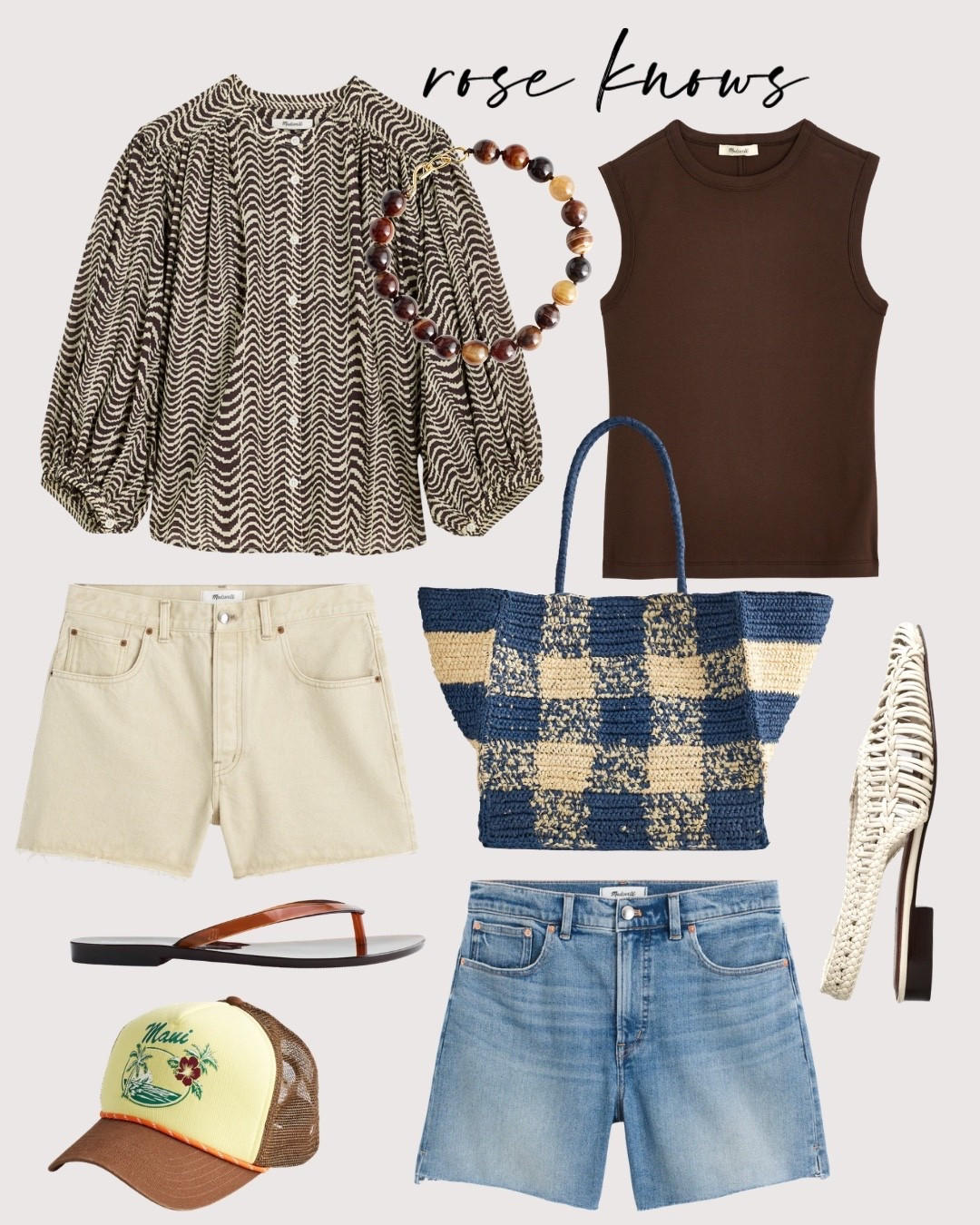 Shorts and tops 
Check croquet tote 
Flip flops 

#LTKFestival #LTKOver40 #LTKTravel