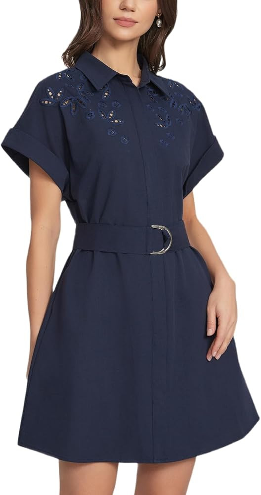Women's Boho Eyelet Lace Shirt Dress Summer V Neck Short Sleeve Embroidered Mini Dress Button Up ... | Amazon (US)