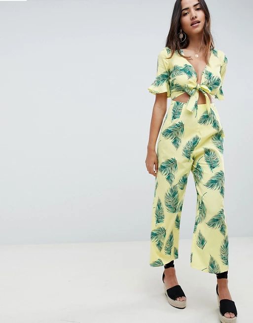 ASOS DESIGN tea jumpsuit with cut out and tie detail in linen in leaf print | ASOS UK
