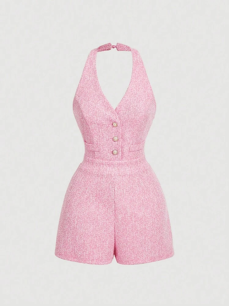 SHEIN MOD Women Tweed V-Neck Sleeveless Pearl Button Jumpsuit, Pink Jumpsuit,Professional Women Clothes,Office Women Outfits,Summer Women Dresses | SHEIN