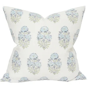 Lisa Fine Mughal Flower Pillow Cover in Monsoon // Designer Flower Pillow // Blue Throw Pillows /... | Etsy (US)