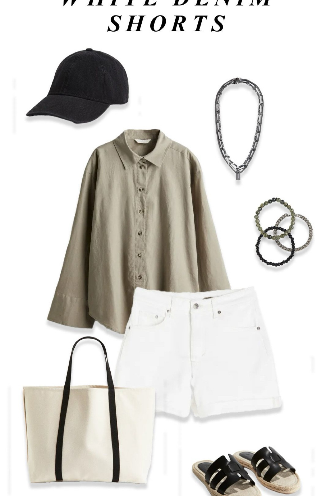 Effortlessly chic ensemble featuring white denim shorts paired with a breezy linen shirt, adorned with a stylish mix of necklaces and bracelets. Complete the look with trendy espadrille sandals and a classic black and white shopper bag.