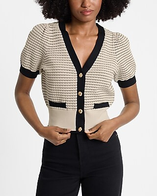 Textured Tipped Novelty Button Short Sleeve Cardigan | Express
