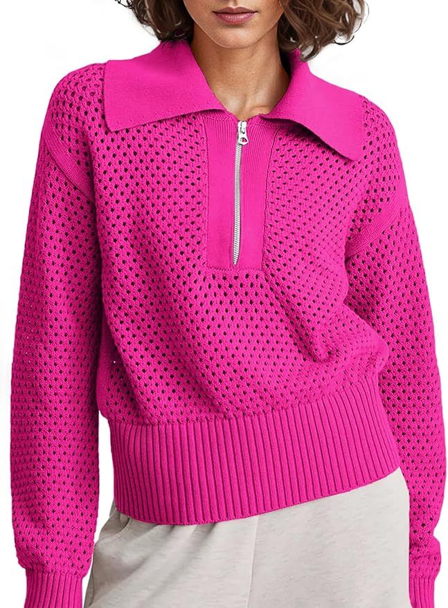 Women's Half Zip Pullover Sweaters Crochet Lapel Collar Long Sleeve Knit Solid Color Jumper Tops | Amazon (US)