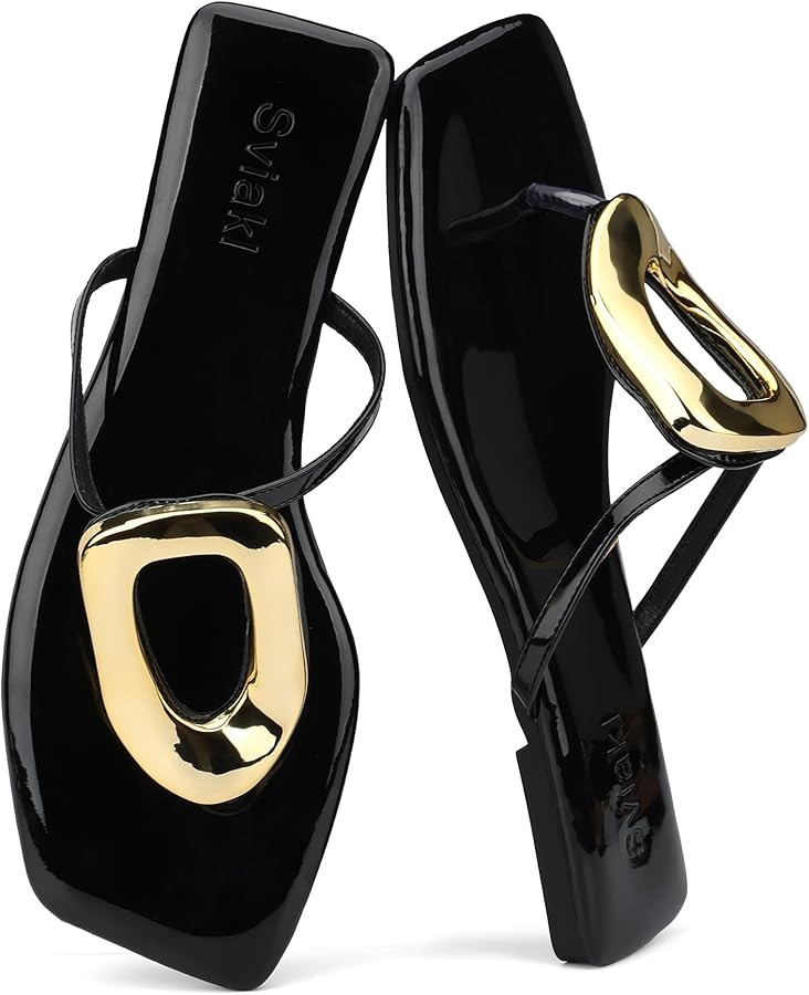 Womens Flat Sandals Square Comfortable Flip Flops Slide Summer Beach Shoes with Metal Decoration | Amazon (US)