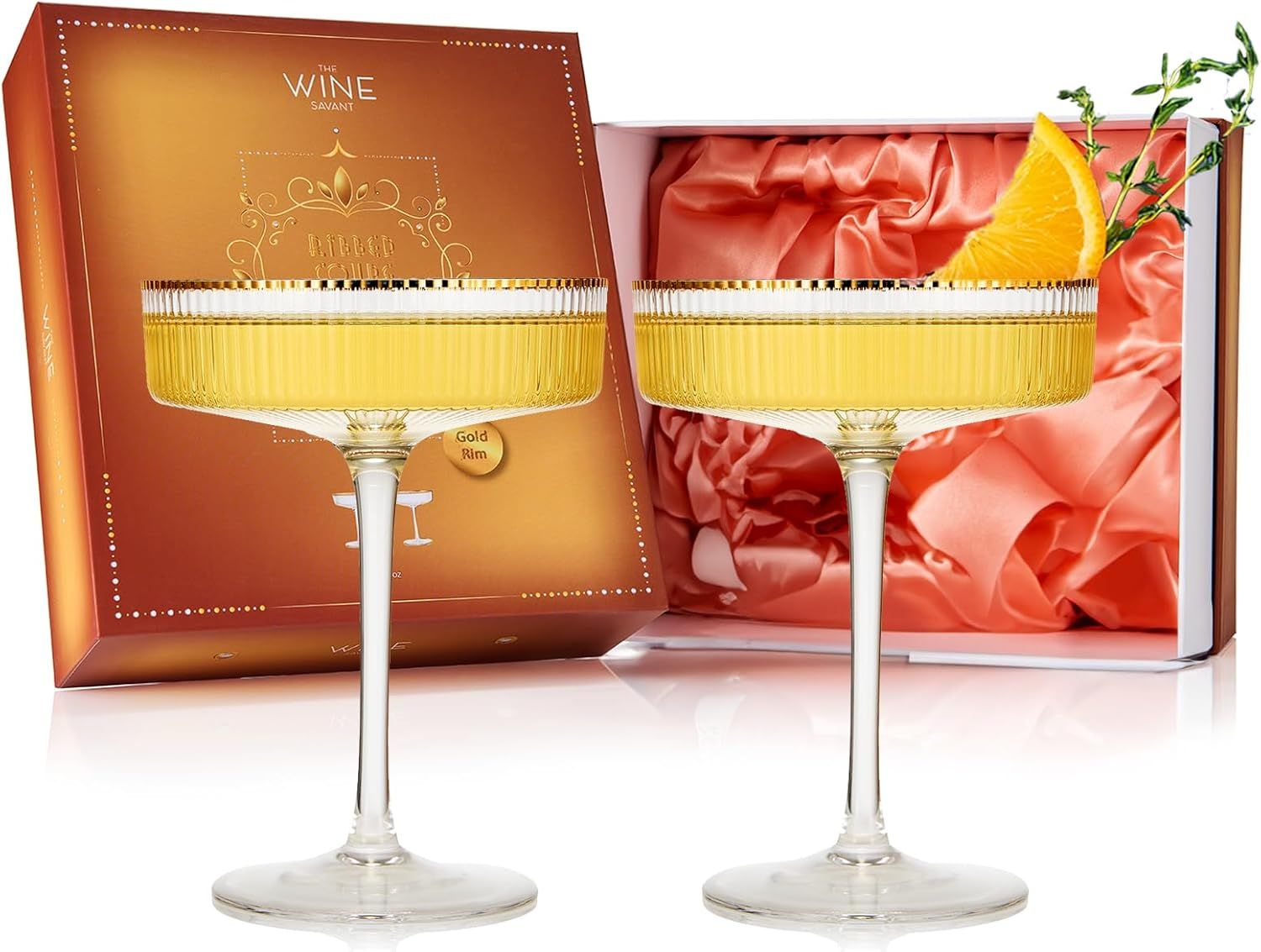 Ribbed Gold Rim Coupe Martini, Champagne & Cocktail Glasses 8 oz | Set of 2 | Classic Manhattan G... | Amazon (US)