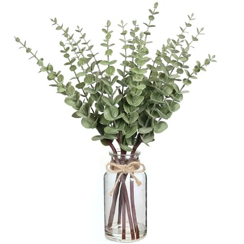 VIERENA 17.5" Artificial Eucalyptus Stems in Glass Vase with Faux Water,Fake Plant Eucalyptus Leaves White Seeds for Centerpiece Table Decorations Farmhouse Wedding Home Greenery Decor (Sage Green) | Amazon (US)