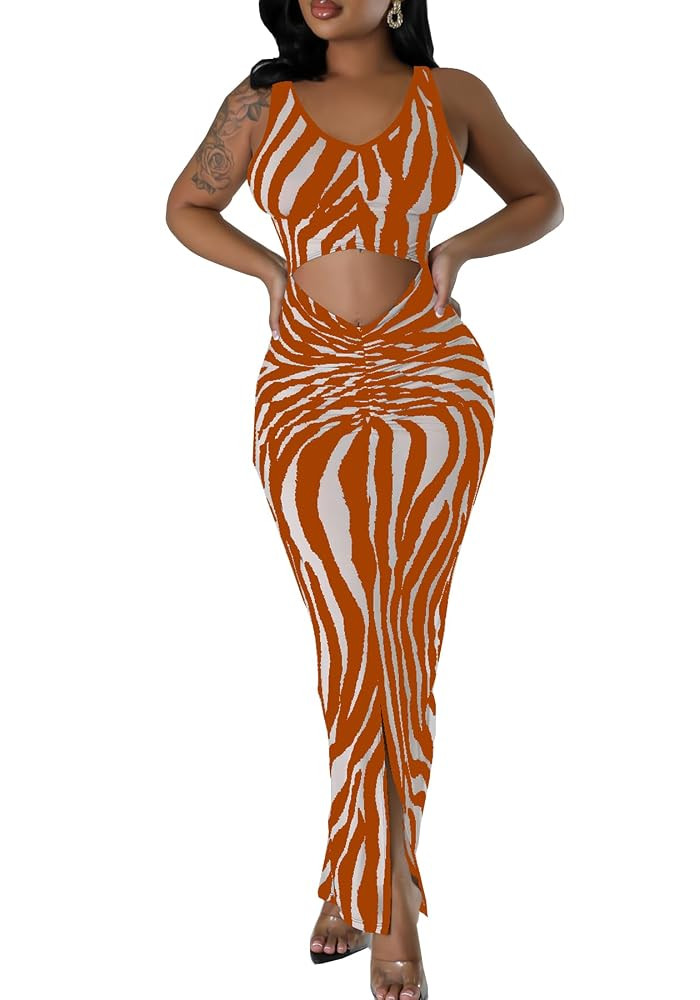 LROSEY Women's Sexy Backless Maxi Dresses Summer Sleeveless Slit Square Neck Striped Party Dress | Amazon (US)
