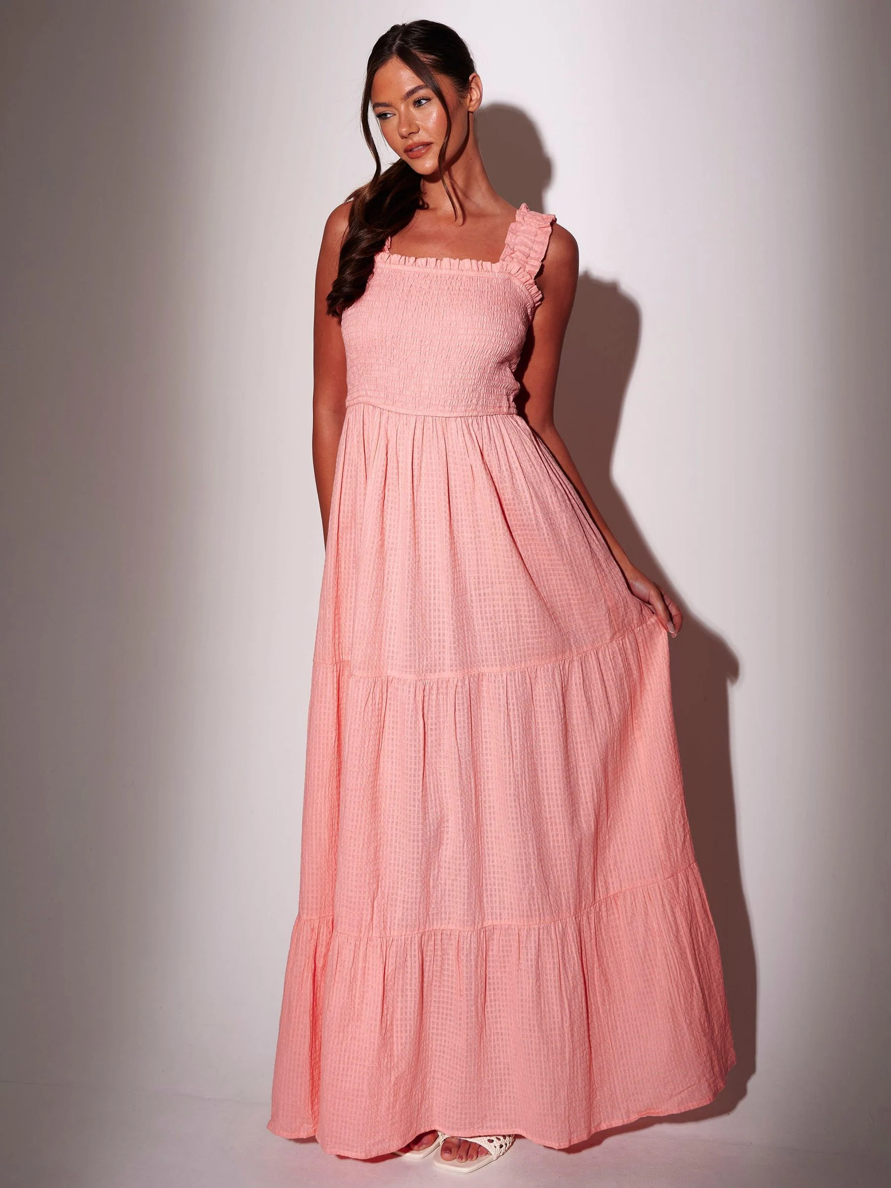 South Beach South Beach Pink Smocked Bodice Tiered Maxi Dress | Next US