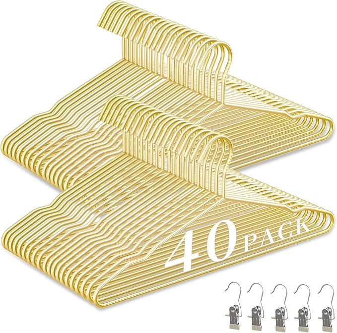 40Pack Gold Hangers + 5 Clothes Pins, Premium Glossy Gold Strong Metal Hangers, Upgraded Thickene... | Amazon (US)