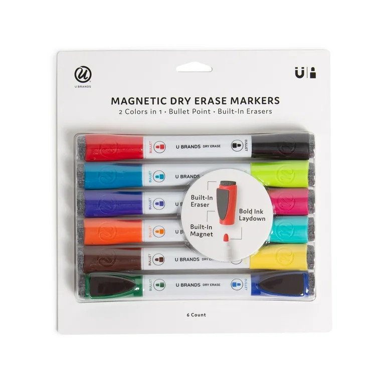 U Brands Magnetic Double-Ended Dry Erase Markers, Bullet Tip, Assorted, Low Odor, 6 Count | Walmart (US)