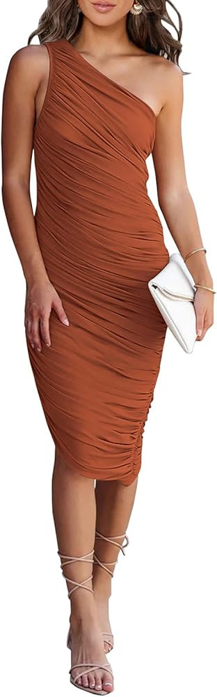 PRETTYGARDEN Women's Ruched Bodycon Dress 2023 Summer One Shoulder Sleeveless Party Cocktail Penc... | Amazon (US)