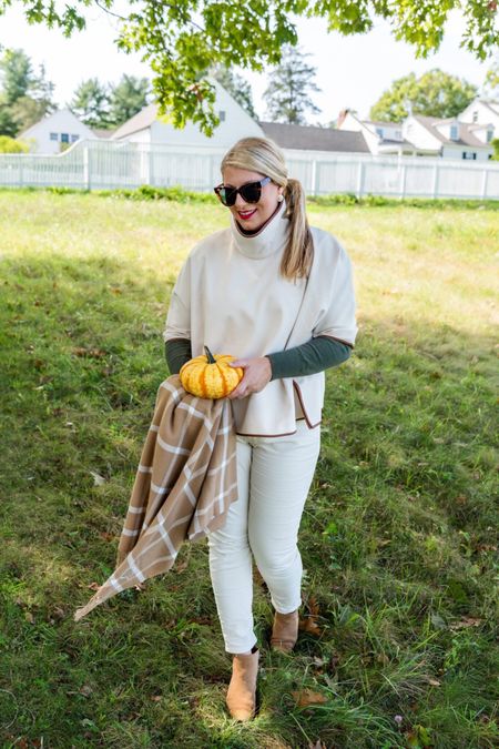 Fall layers with this cream and leather trimmed poncho ON SALE, off white corduroy pants come in tall ON SALE, wool turtleneck, plaid blanket scarf, tortoise sunglasses, Pearl & gold stud earrings ON SALE

#LTKsalealert #LTKover40 #LTKSeasonal